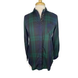 ORVIS Tartan Plaid Embellished Button Up Shirt Size 4 Womens Blue Green Cotton